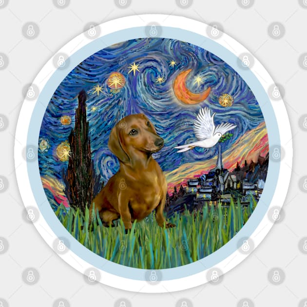 Starry Night (Van Gogh inspired) with a Brown/red Dachshund Sticker by Dogs Galore and More